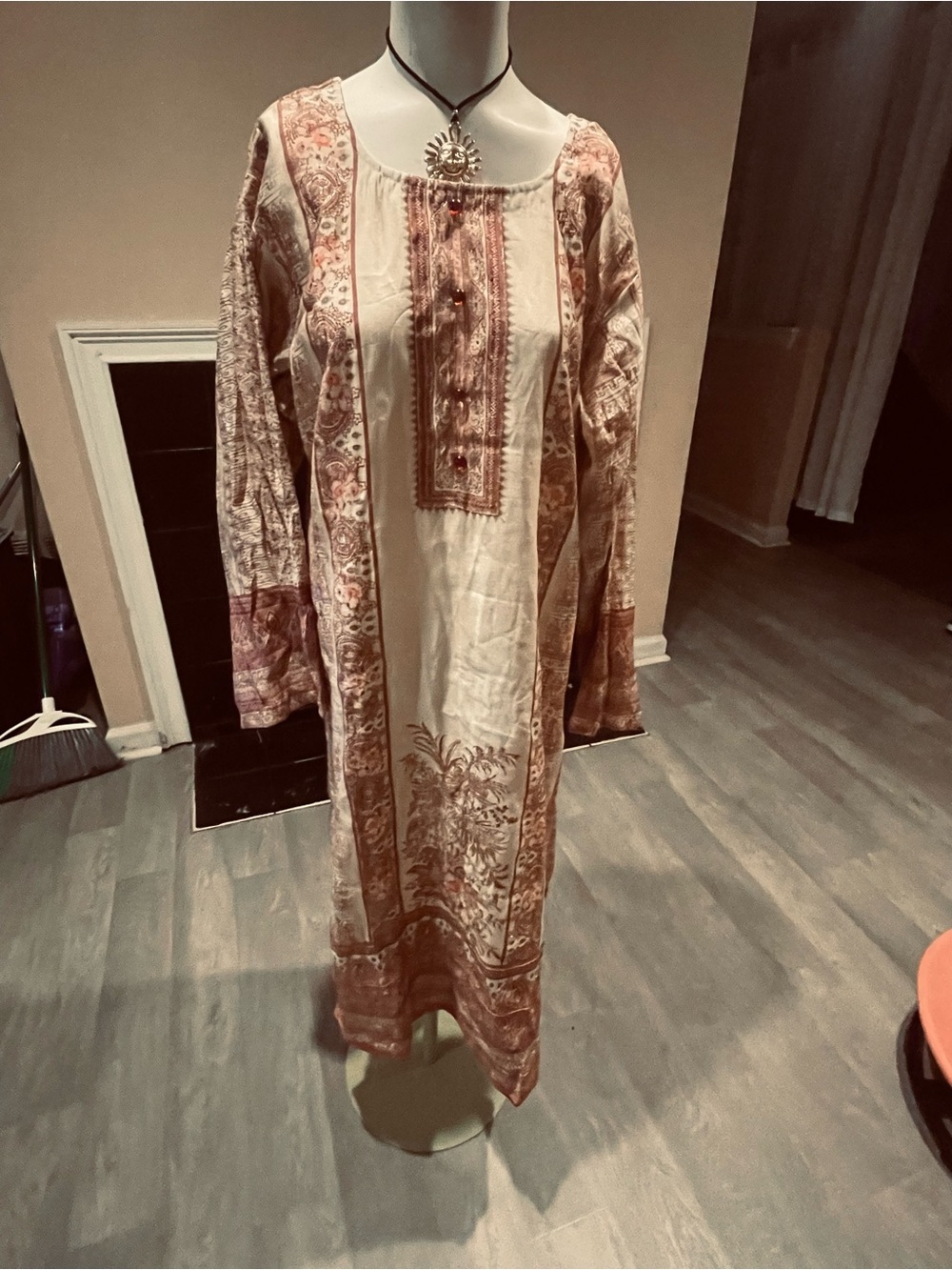 Boho Caftan Maxi Mauve Floral Embroidered Dress